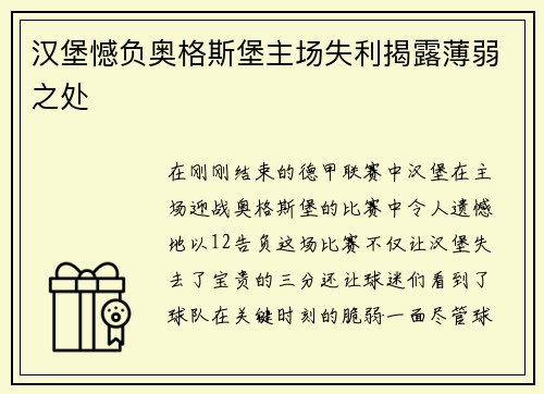 汉堡憾负奥格斯堡主场失利揭露薄弱之处